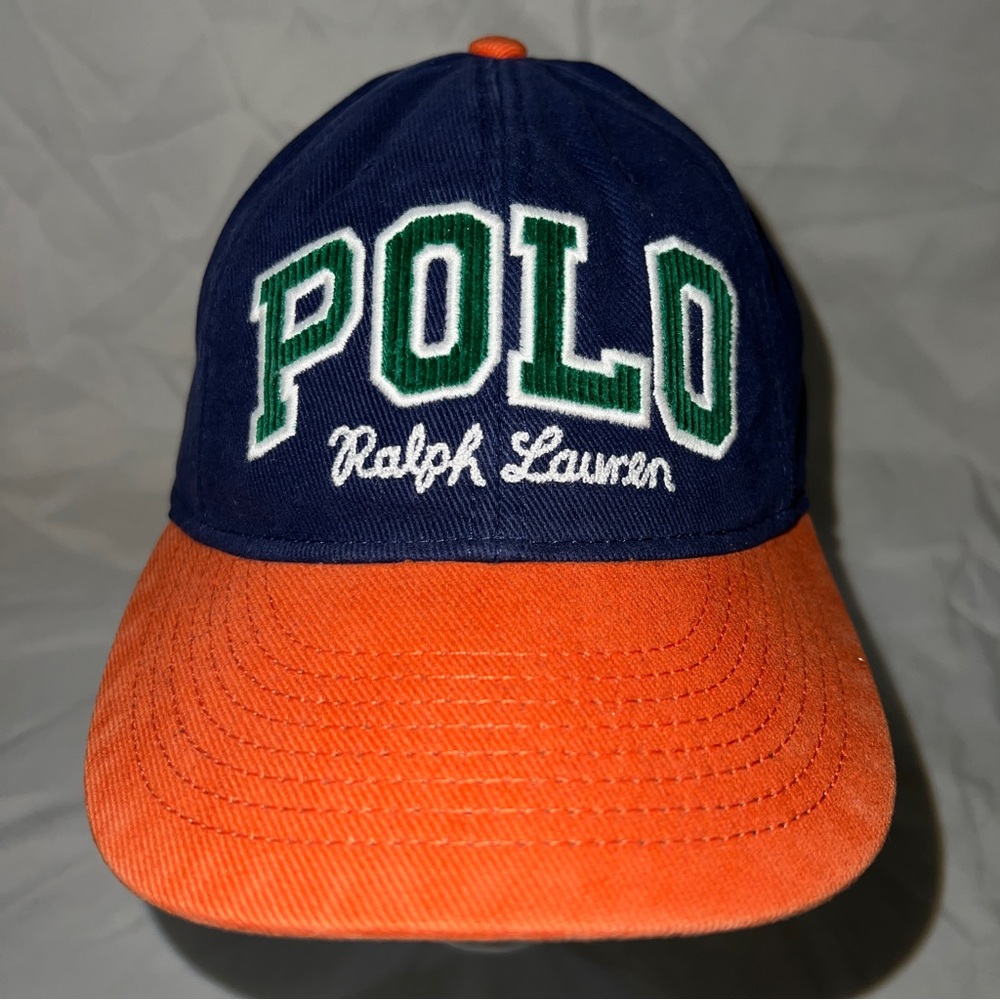 Polo Ralph Lauren Varsity Embroidered Logo Corduroy Leather Strap Blue Hat Cap - Picture 4 of 5